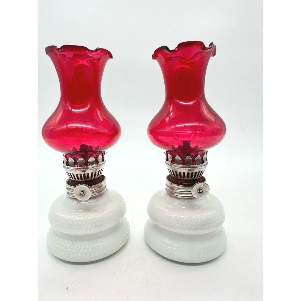 Vintage Miniature Oil Lamps Pair Ruby Red Fenton Style Milk Glass Hobnail 6.5